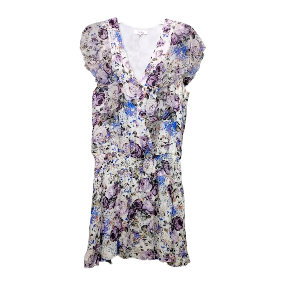 Parker Gabriella Floral Silk Shirt Sleeve Mini Dress Women's Size Medium M - Picture 6 of 14
